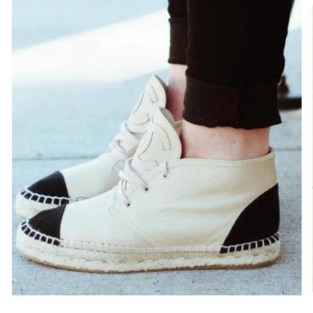 CHANEL Cream and Black Espadrille high tops